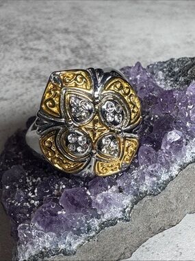 Stainless Steel Gold and Silver Tone Floral Pavé Ring Size 7.5